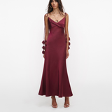 Burgundy Satin Flower Midi Dress