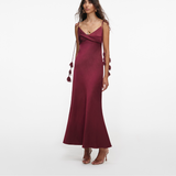 Burgundy Satin Flower Midi Dress