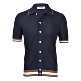 Open Knit Cotton Short Sleeve Shirt - Navy