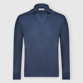 Linen/Cotton Knit Skipper Polo in Light Navy