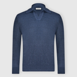 Linen/Cotton Knit Skipper Polo in Light Navy