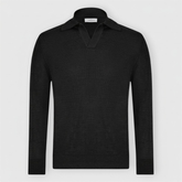 Linen/Cotton Knit Skipper Polo in Black