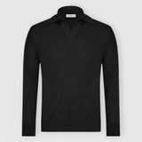 Linen/Cotton Knit Skipper Polo in Black