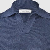 Linen/Cotton Knit Skipper Polo in Light Navy