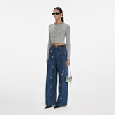 Blue Embellished Wide Leg Jeans