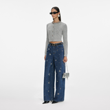 Blue Embellished Wide Leg Jeans
