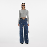 Blue Embellished Wide Leg Jeans