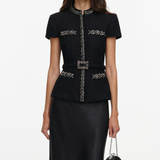 Black Boucle Crystal Trim Satin Midi Dress