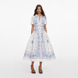 White And Blue Embroidered Midi Dress