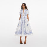 White And Blue Embroidered Midi Dress