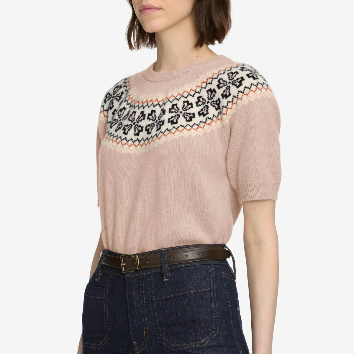 The Cashmere Fairisle Crew Sweater in Pink Sand
