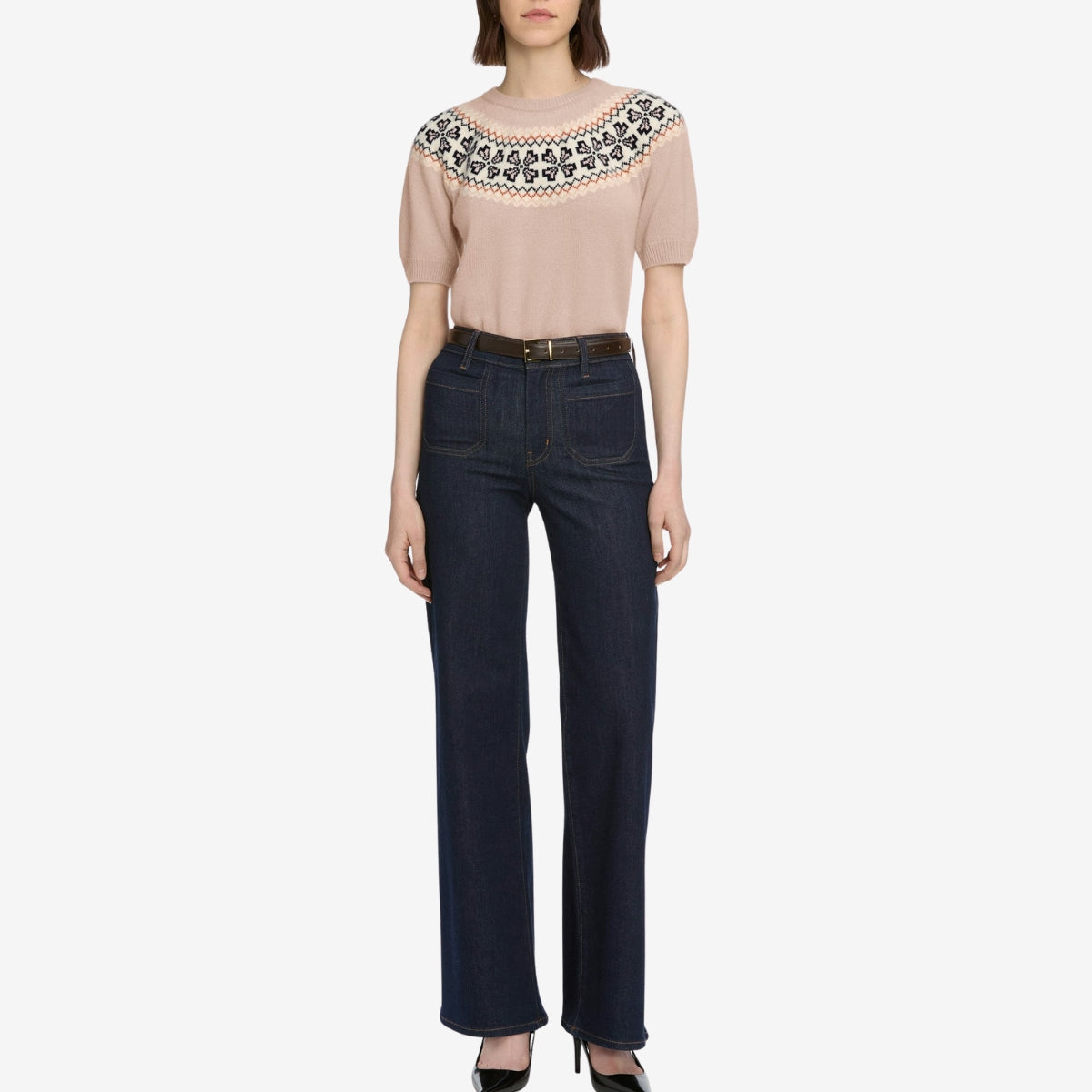 The Cashmere Fairisle Crew Sweater in Pink Sand