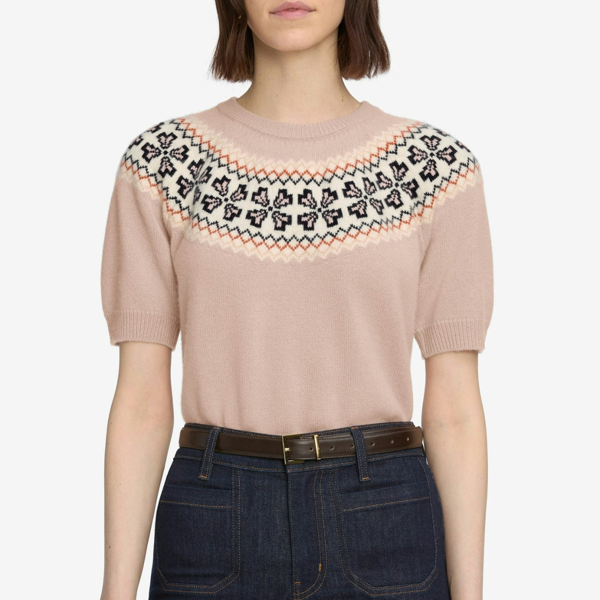 The Cashmere Fairisle Crew Sweater in Pink Sand