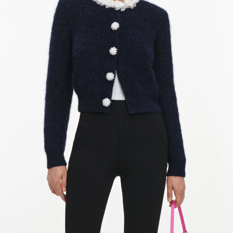 Navy Flower Pearl Trim Knit Jumper
