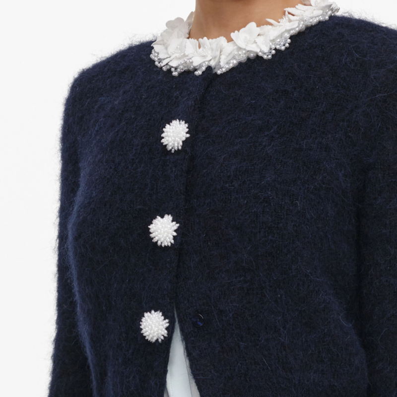 Navy Flower Pearl Trim Knit Jumper