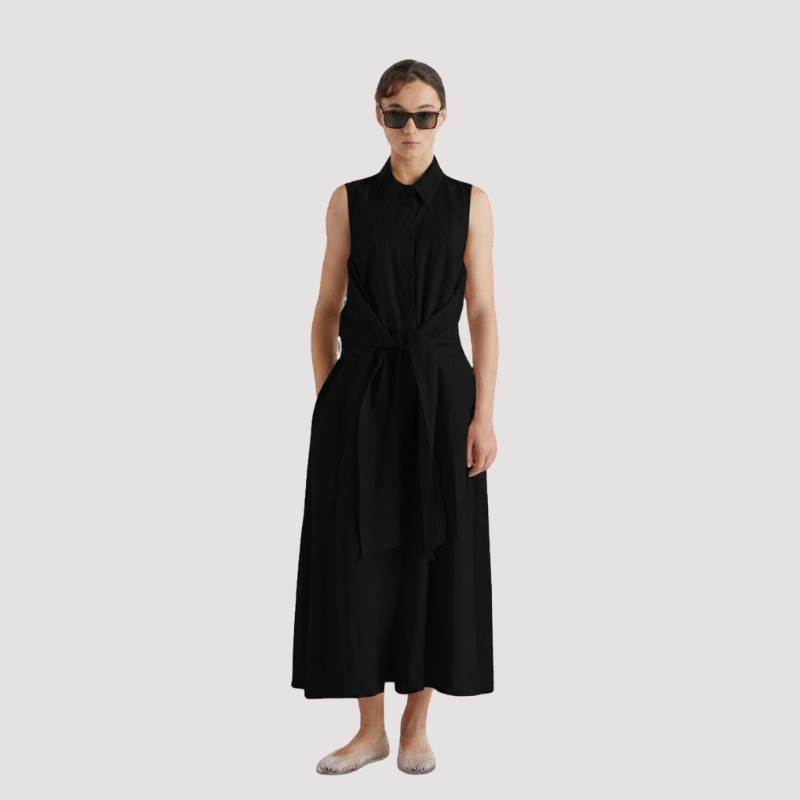 Linen Dress with Tie Detail in Black