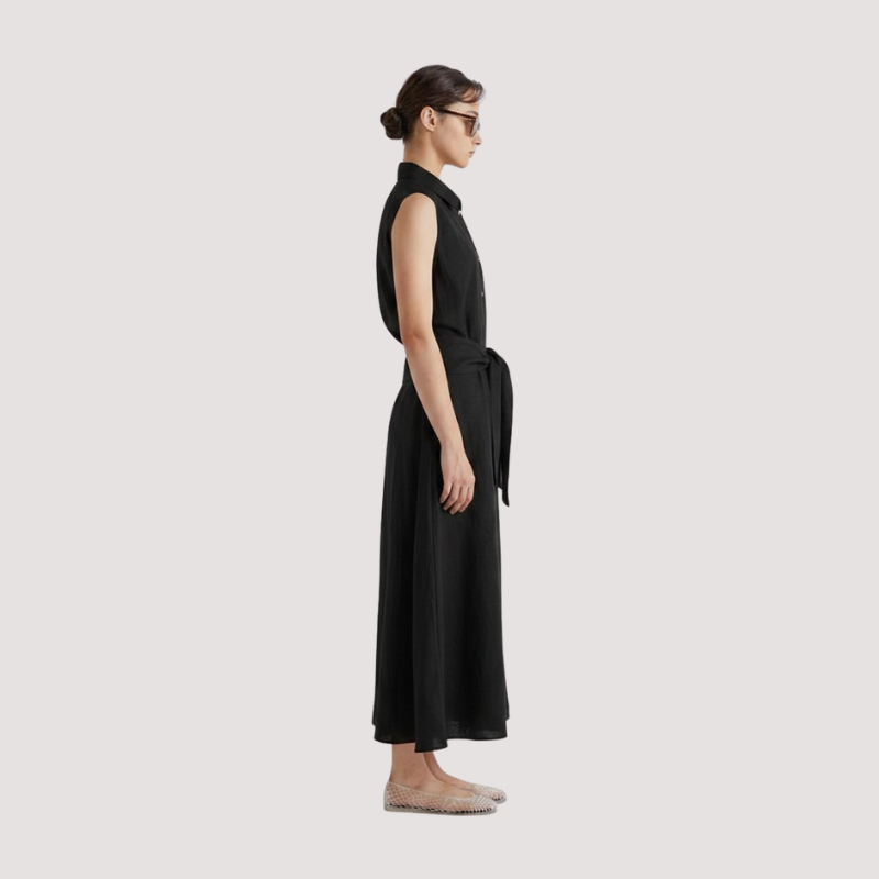 Linen Dress with Tie Detail in Black