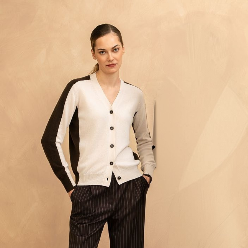 Two Tone Cashmere Cardigan in Cream and Chocolate