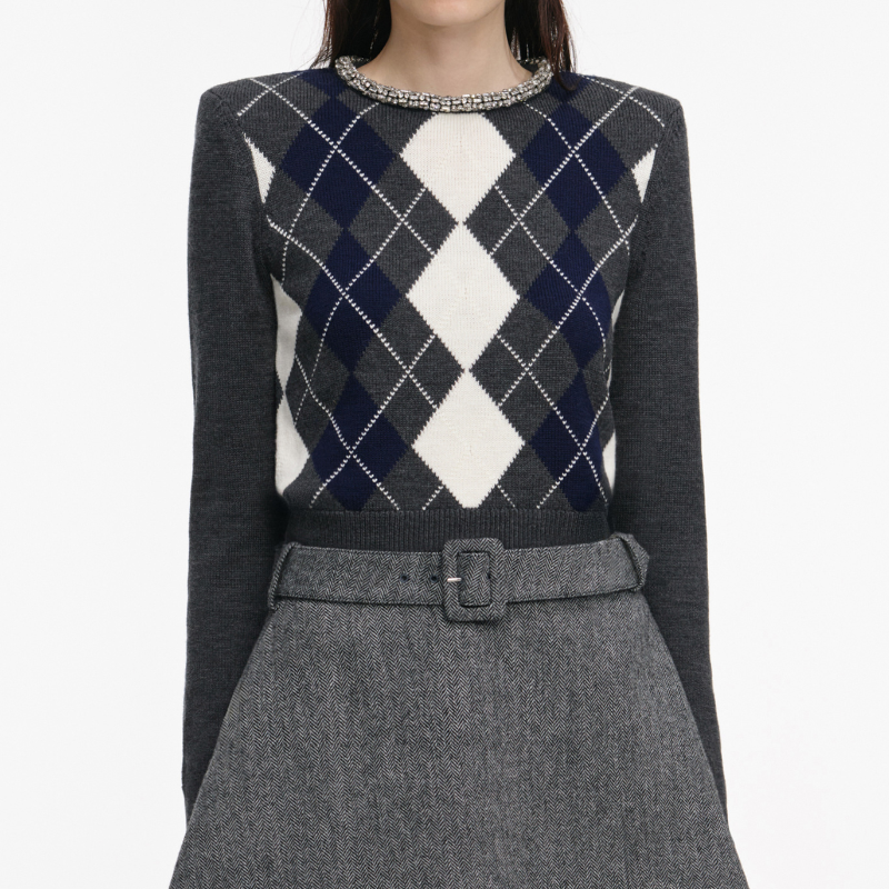 Grey Argyle Crystal Trim Jumper
