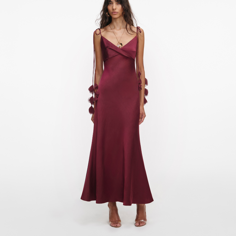 Burgundy Satin Flower Midi Dress