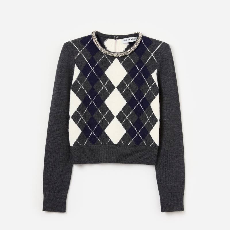 Grey Argyle Crystal Trim Jumper