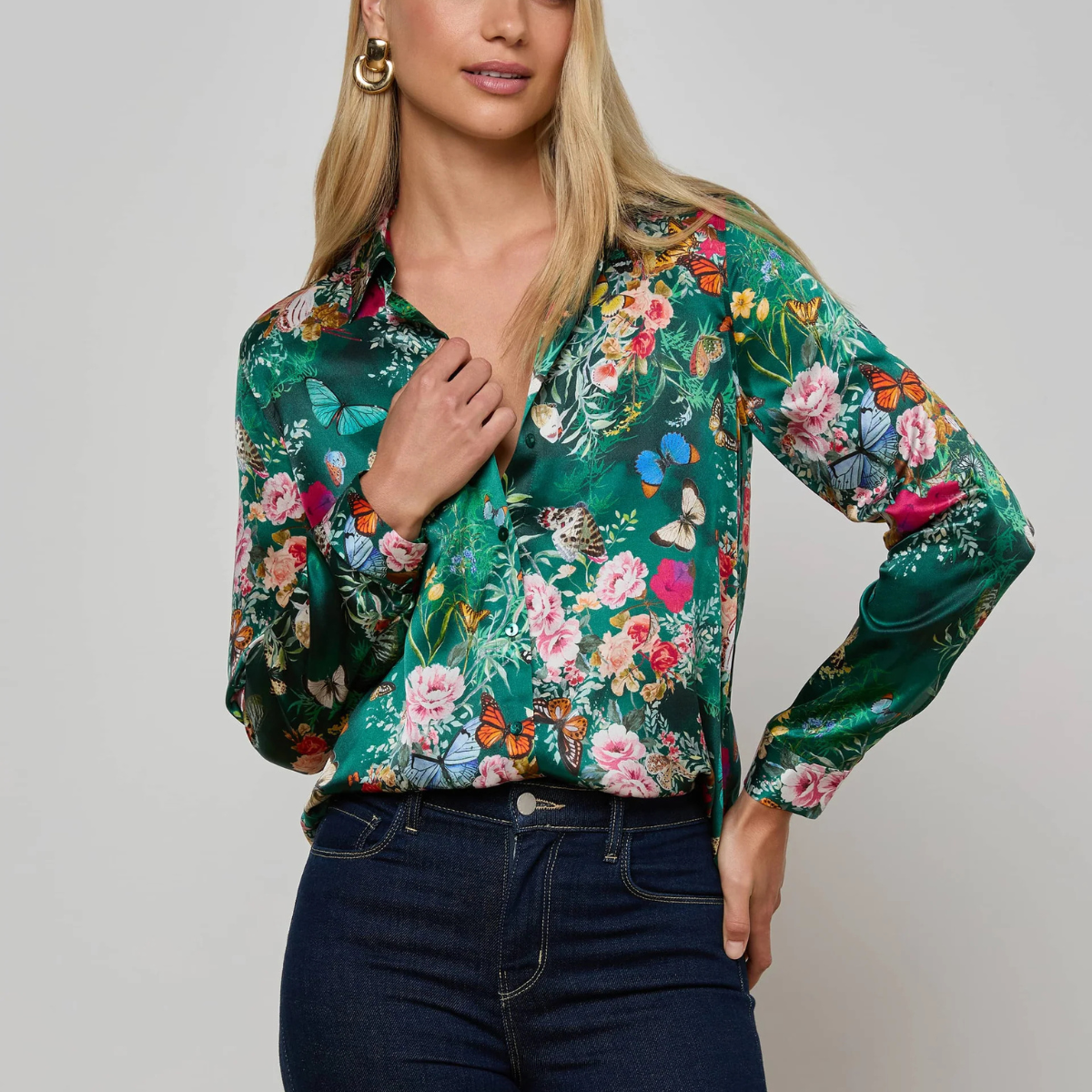 Tyler Silk Blouse in Green Butterfly