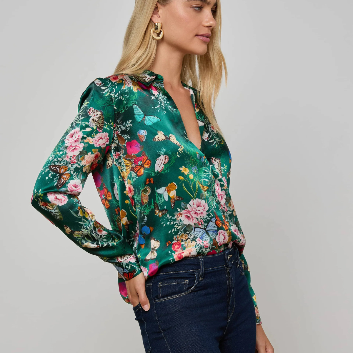 Tyler Silk Blouse in Green Butterfly