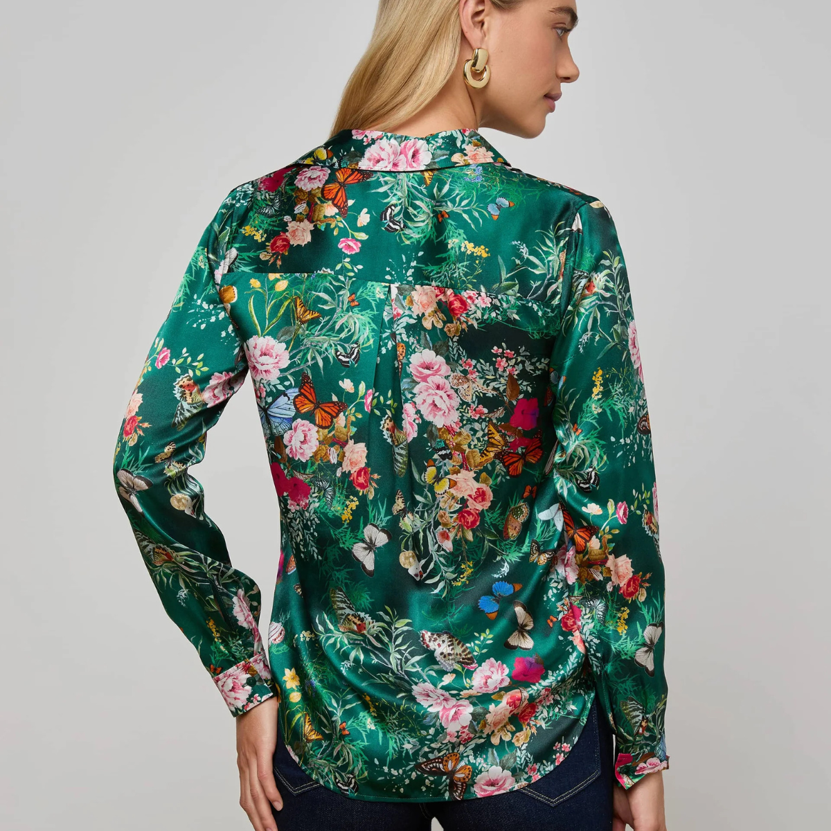 Tyler Silk Blouse in Green Butterfly