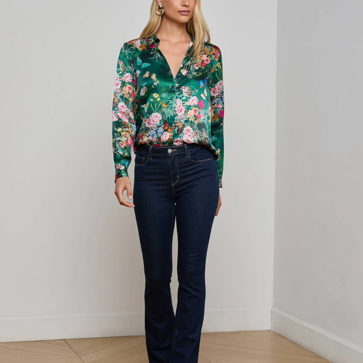 Tyler Silk Blouse in Green Butterfly