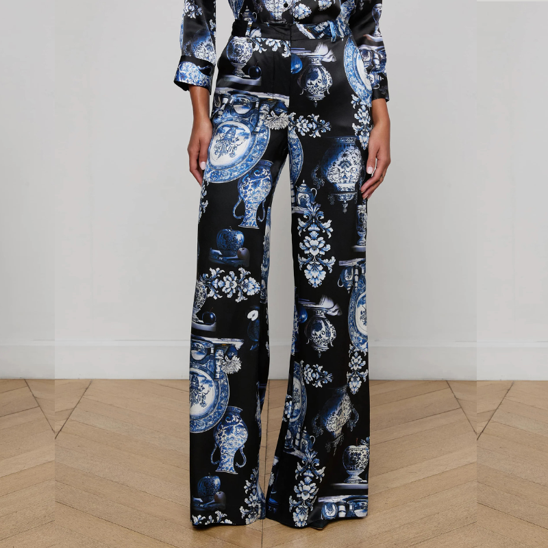 Silk Wide Leg Pant in Porcelain Print