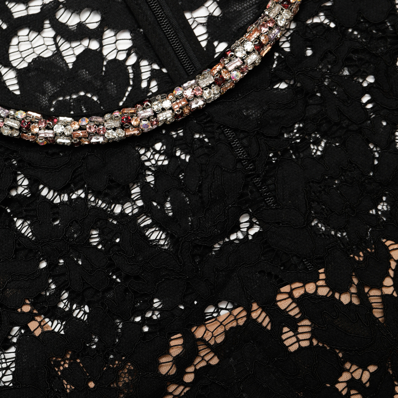 Black Lace Crystal Mini Dress