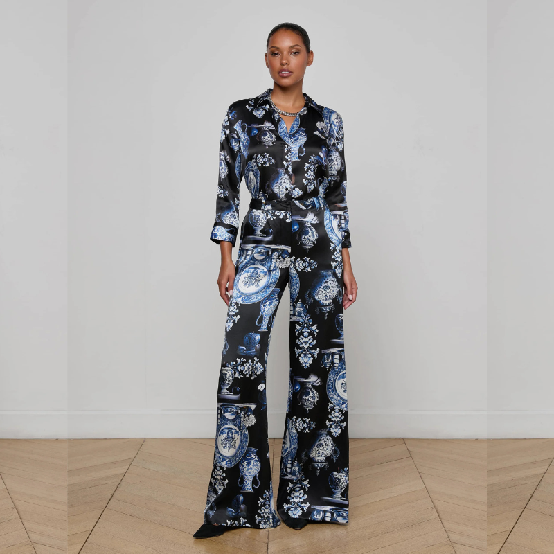 Silk Wide Leg Pant in Porcelain Print
