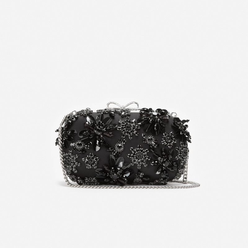 Black Satin Floral Crystal Clutch Bag