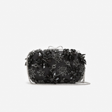 Black Satin Floral Crystal Clutch Bag