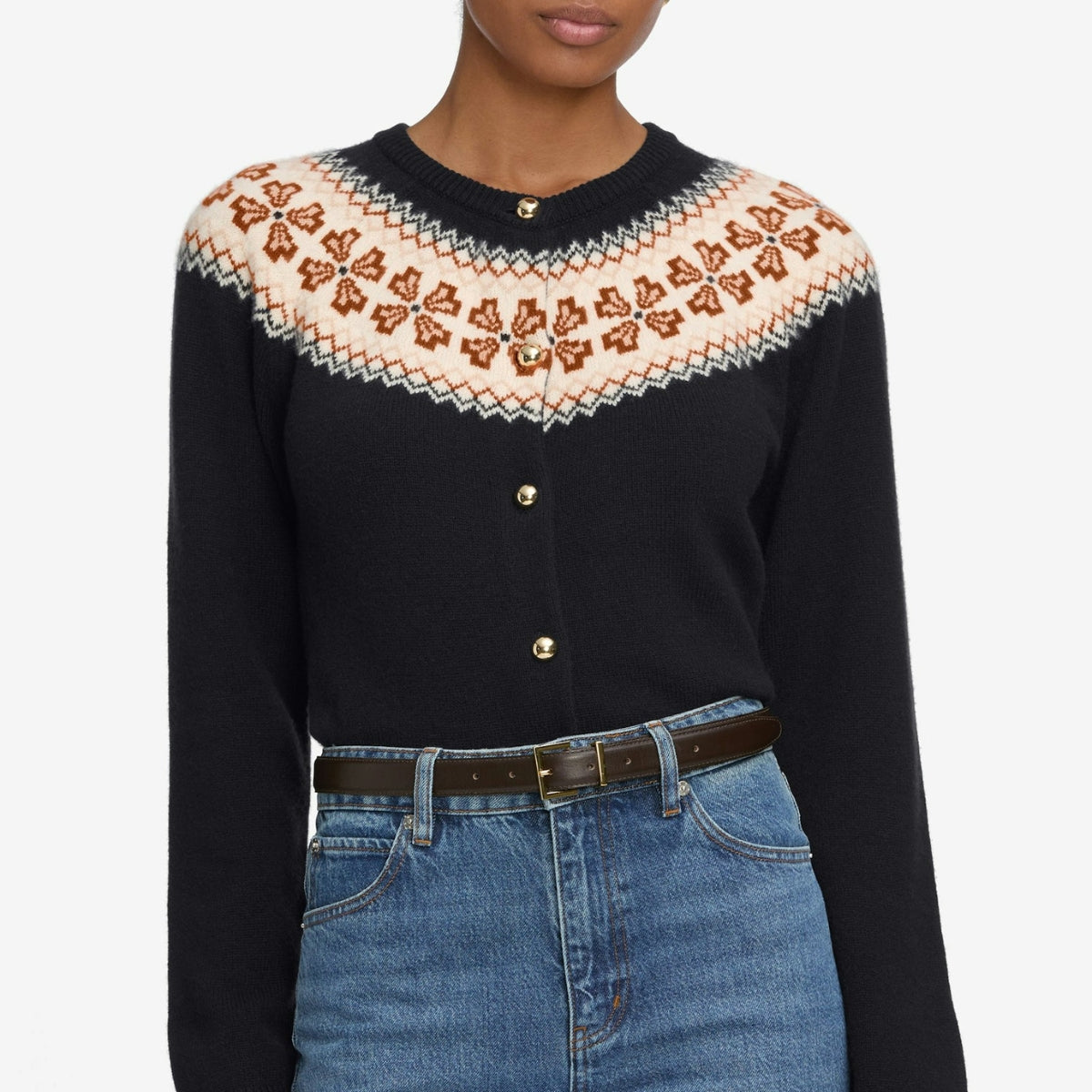 The Cashmere Fairisle Cardi in Navy