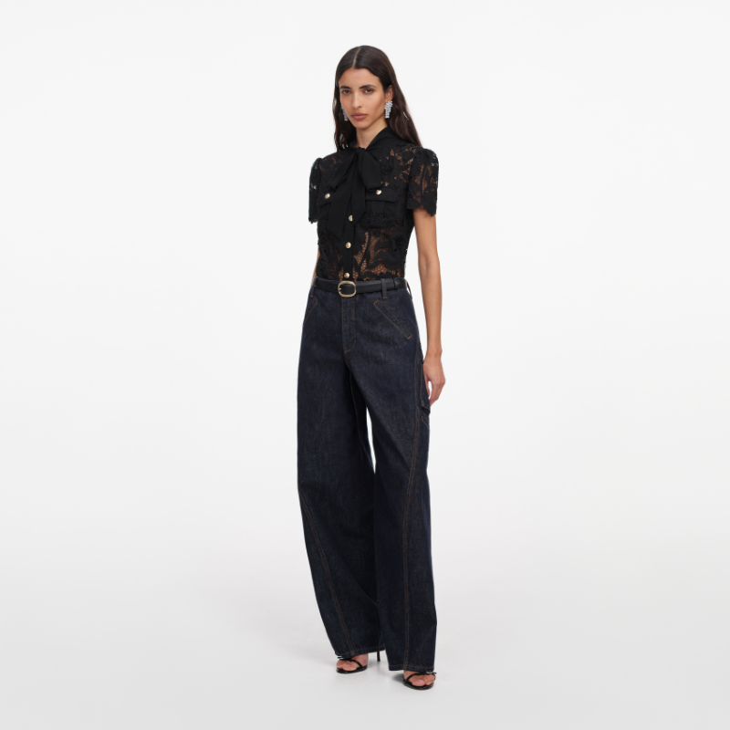 Black Lace Tie Neck Top