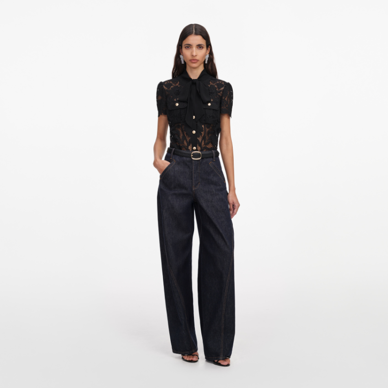 Black Lace Tie Neck Top