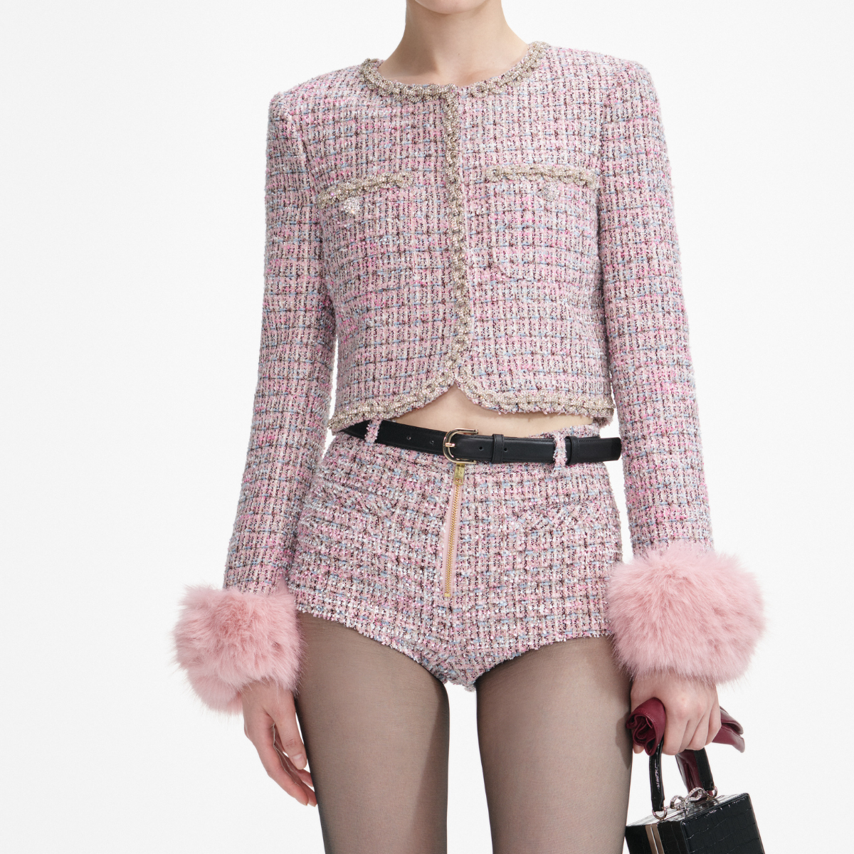Pink Boucle Fur Cuff Jacket