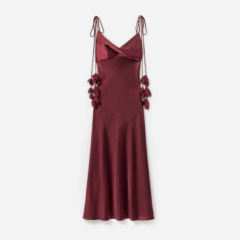 Burgundy Satin Flower Midi Dress