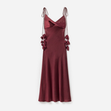Burgundy Satin Flower Midi Dress