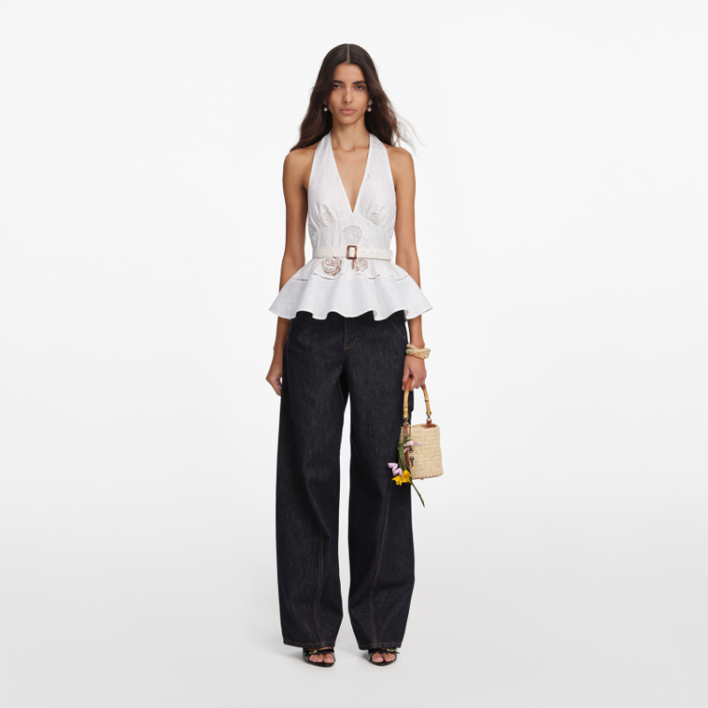 White Linen Blend Peplum Top