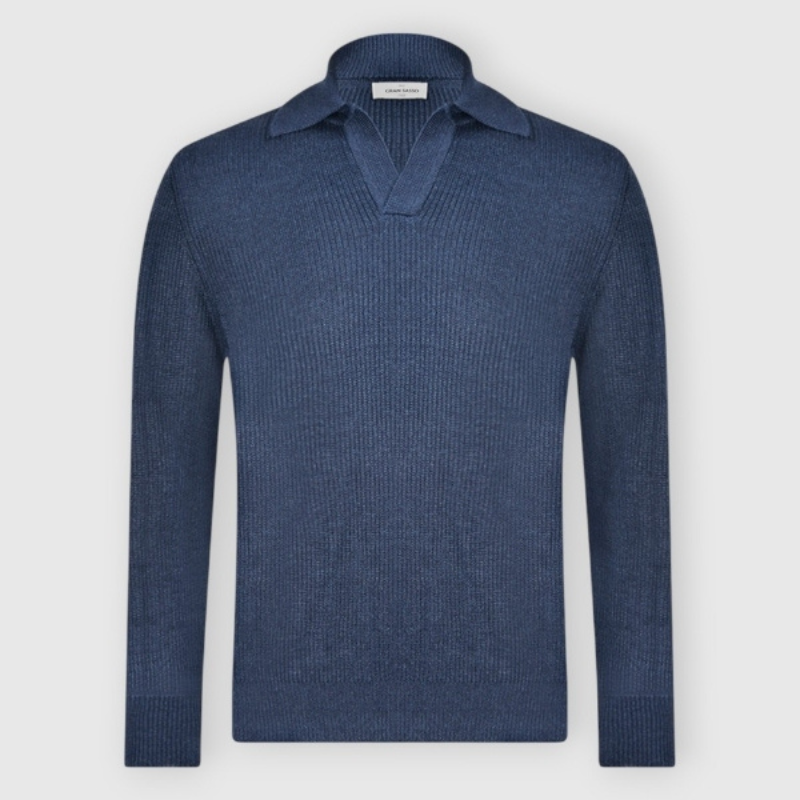Linen/Cotton Knit Skipper Polo in Light Navy