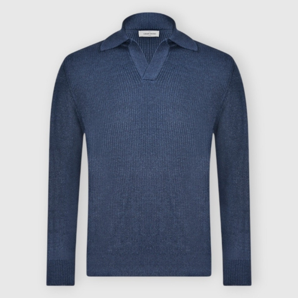 Linen/Cotton Knit Skipper Polo in Light Navy | Gran Sasso – Square