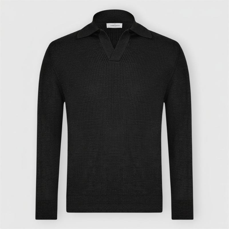 Linen/Cotton Knit Skipper Polo in Black