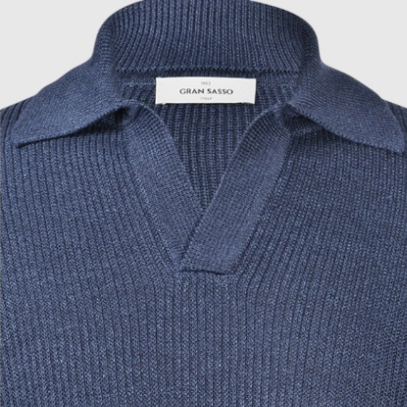 Linen/Cotton Knit Skipper Polo in Light Navy