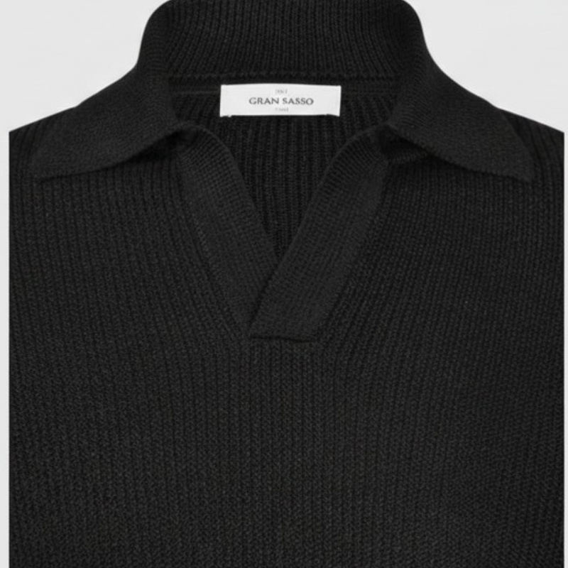 Linen/Cotton Knit Skipper Polo in Black