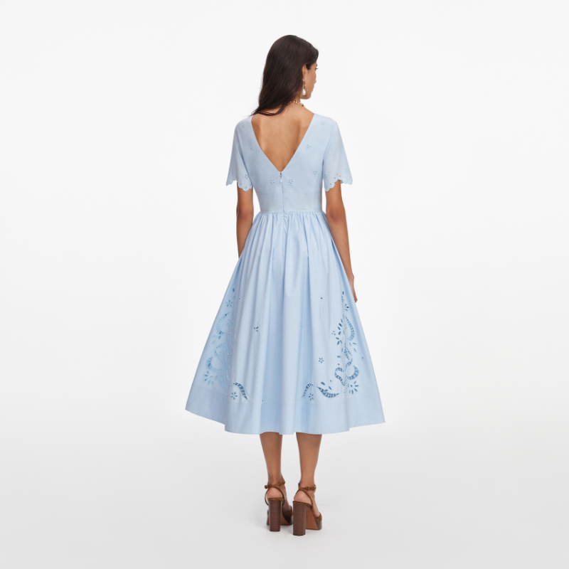 Blue Cotton Embroidered Midi Dress