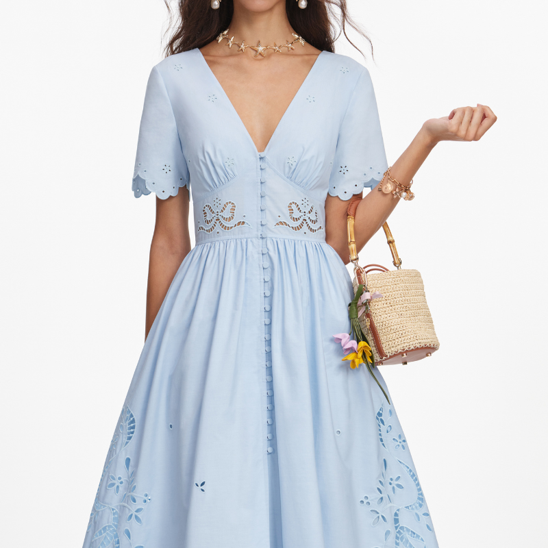 Blue Cotton Embroidered Midi Dress