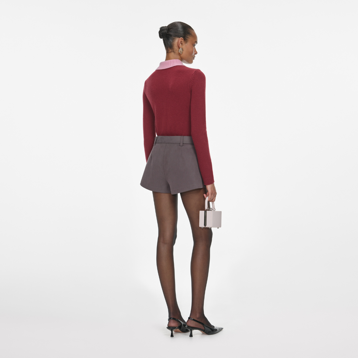 Burgundy Pink Contrast Collar Knit Top