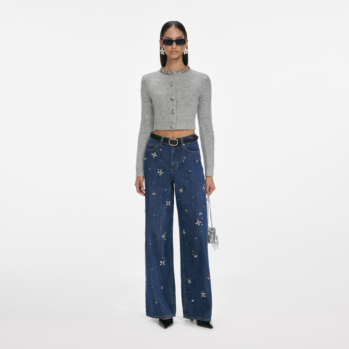 Blue Embellished Wide Leg Jeans